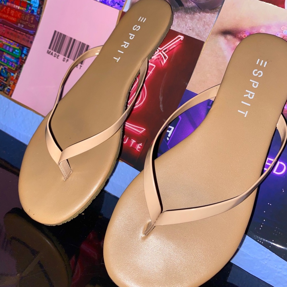 nude faux leather flip flops shiny acrylic strap